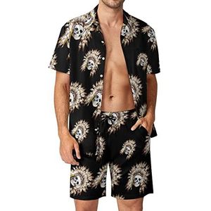 Native American Skull Heren 2-delige Hawaiiaanse sets losse pasvorm shirts en shorts met korte mouwen en shorts strandoutfits XS