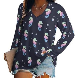 Regenboog zeepaardjes dames casual lange mouw T-shirts V-hals gedrukte grafische blouses Tee Tops 3XL