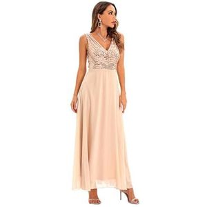 Dames dansjurk, paillettenjurken V-hals glinsterende glitter avondfeestjurk(Khaki,XL)