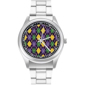 Groen En Paars Mardi En Gras Abstract Geometrisch Patroon Klassieke Heren Horloges Voor Vrouwen Casual Mode Zakelijke Jurk Horloge Geschenken