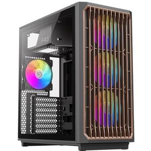 GAMEMAX F45 Mid-Tower zwarte pc-behuizing ATX, front met houtdecor, 4 x ARGB PWM ventilator met Aura Sync, BTF moederbord compatibel, zijpaneel van glas, PC case voor gaming