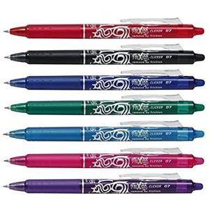 7 x PILOT FRIXION CLICKER 0,7 mm BLRT-FR7 - UITWIJBARE RETRACTEERBARE ROLLERBALL, 1 VAN ELKE KLEUR - ROOD, LICHTBLAUW, DONKERBLAUW, GROEN, ROZEN, VIOLET en ZWART