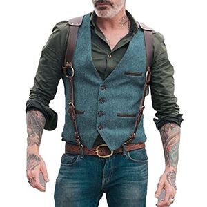 BYLUNTA Hunting Tweed vest voor heren, vintage, retro, V-hals, bruiloft, zakelijk, slim fit, party, wol, S-3XL, lichtblauw, XL