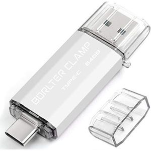 BorlterClamp 64GB Type-C USB Stick 3.0 OTG Geheugenstick 2 in 1 USB-Flashstation voor Android-Smartphones Samsung S10/S9/S8/Note 9, Huawei, LG, enz., Tablets en Computer (Zilver)