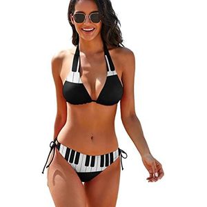 Zwart-wit pianotoetsen dames 2-delige bikini set driehoekige badmode halter string badpakken met stropdas kant L