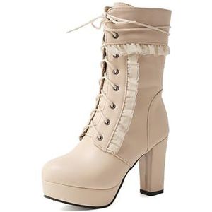 Winterlaarzen Dames Enkellaarsjes Met Ruches Platform Enkellaarsjes Met Blokhak Veterschoenen Korte Laarzen PU Lederen Bikerlaarzen Warme Pluche Gevoerde Snowboots Party Enkelschoenen (Color : Beige