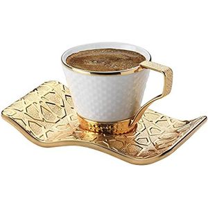DEMMEX Set van 6 prachtige Turkse Griekse koffie Espresso Demitasse kopjes met bekerhouders en schotels, 18 stuks - porseleinen kopjes, versierde gouden metalen schotels en bekerhouders, 2,7 oz - 80