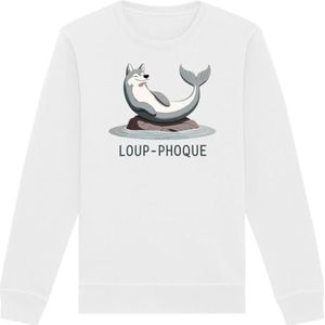 Sweatshirt met zeewolf, uniseks, bedrukt in Frankrijk, 100% biologisch katoen, cadeau voor dieren, verjaardag, humor, origineel grappig, Wit, L/Tall