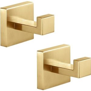 QNIIAED 2 stuks vierkante badkamer handdoekhaak, metalen kapstok wandmontage gewaad haak SUS 304 roestvrij staal zware deurhanger haak schroef in voor slaapkamer of keuken (geborsteld messing goud)