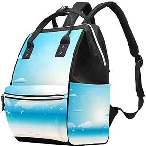 Multifunctionele grote baby luiertas rugzak,Strand met wolken vogels wit zeemeeuwpatroon,Luiertas Travel Back Pack voor mama en papa