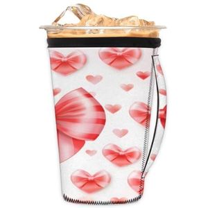 Valentijnsdag hart boog roze (01) herbruikbare ijskoffie mouw met handvat neopreen beker mouw voor frisdrank, latte, thee, dranken, bier (Large 305-32 oz)