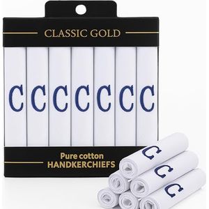 DUDU N GIRLIE Witte zakdoeken met satijnen rand voor heren/heren met zwarte geborduurde initialen, C, één maat, verpakking van 7