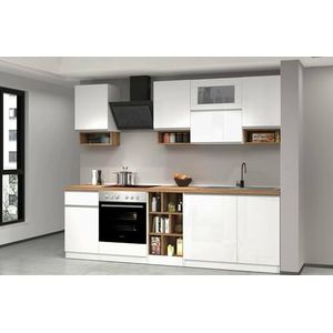 Dmora Complete Ronnie, praktisch en ruimtebesparend, keukenwand met 8 deuren en 1 lade, 100% Made in Italy, 255 x 60 x 85 cm, wit glanzend en eiken