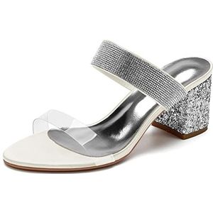 SYDZSW Bruiloftsschoenen Dikke Hak Bruidsschoenen Hoge Hakken Satijn Ivoor Sandalen Bruidsband met Strass 35-43, Ivoor, 43 EU