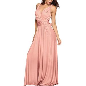 EMMA sexy maxi-jurk voor dames, elegant, V-hals, open rug, bindstrikje, geplooide avondjurken, mouwloos, schoudervrij, cocktailjurk, roze rood, M