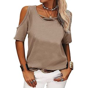 Dames koude schouder tops strappy losse korte mouw blouse basic V-hals T-shirts vrouwen korte mouw koude schouder off shoulder dames casual effen kleur off-the-shoulder losse korte mouwen T-shirt