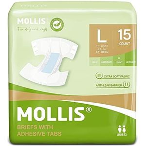MOLLIS Luiers voor volwassenen voor dames en heren, uniseks wegwerp-incontinentieslip met lipjes, geurbestrijding, groot, 15 stuks