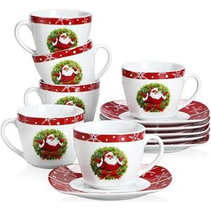 VEWEET, Serie SANTACLAUS, porseleinen koffieservies 12-delige set, 6-delige koffiekopjes 220 ml met 6-delige schotels voor cappuccino, caffè latte