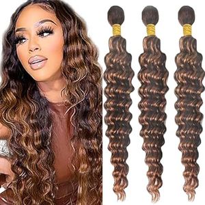 Tuheerst Deep Wave Human Hair Bundles P430 Highlight Brown Real Hair Human Hair Extensions Sew in Hair Extension 3 Bundles Double Weft Remy Hair Low Shedding for Woman 26 26 26 Inch
