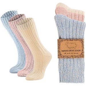 Wollen sokken voor dames, 3 paar, thermische warme wintersokken, zachte, gezellige wolmix, dikke winterlaarssokken (DE/NL/SE/PL, Numeriek, 35, 38, Regular, Regular, Natuur-Roze-Blauw)