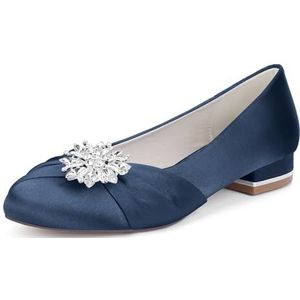 Vrouwen Ronde Neus Satijnen Trouwschoenen Voor Bruid Slip on Bruids Flats Strass Prom Avond Feestjurk Pumps,Marine,36 EU
