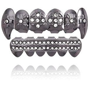 18k Vergulde Diamanten Grills, Vampire Dracula Fang Cross Bovenste Tanden Hoektanden, Icy Crosses(Black)
