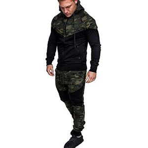 keepmore Mannen Trainingspak Set Camouflage Sweatshirt Jogger Joggingbroek Camouflage Patchwork Warm Sport Pak, Groen, 3XL