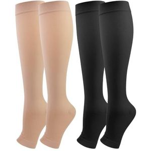 2 Paar Medische Compressiekousen Dames & Herren 20-30 mmHg, Klasse 2 | Open Teen | Gegradueerde Steun | Steunkousen tegen Oedeem, Trombose, Reizen | Zwangerschap (Zwart+Beige, M)