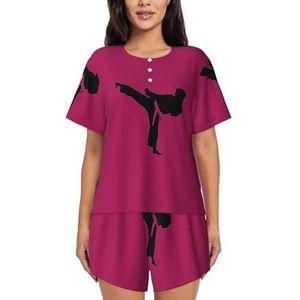 JIAWUJYNB Karate-Highkick-Icon Print Dames Pyjama Set Korte Mouwen Pyjama Set Pyjama Lounge Set Met Zakken,, Zwart, XL