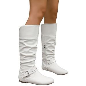 Halfhoge Laarzen Dames Retro Western Cowboylaarzen Platte Ridderlaarzen Met Gesp + Klinknagel Winter PU-leer Snowboots Vrije Tijd Enkelschoenen(White,40 EU)