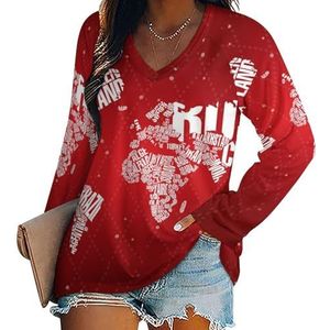 Merry Christmas Wereldkaart vrouwen casual T-shirts met lange mouwen V-hals bedrukte grafische blouses T-shirt tops S