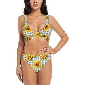 Zelinge Kleurrijke Wrap Front Bikini Top en Hoge Taille Bodem Zomer Badpak Twist Front Badpak S-2XL, Plaid Herfst Zonnebloemen, S