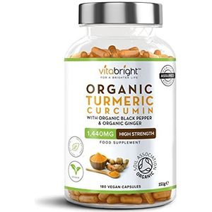 Kurkuma en zwarte peper capsules | 1440 mg dosis | 180 tabletten | 3 maanden voorraad | 2 een dag | Kruidensupplementen | Curcumine met hoge sterkte | VitaBright biologisch tumerisch supplement