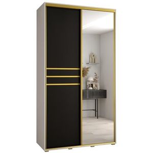 MEBLE KRYSPOL Davos 11 130 Kledingkast met twee schuifdeuren voor slaapkamer - Moderne Kledingkast met spiegel, kledingroede en planken - 235,2x130x45 cm - Wit Zwart Goud
