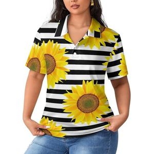 Zonnebloemen op zwart wit gestreepte dames poloshirts met korte mouwen casual T-shirts met kraag golfshirts sport blouses tops XL