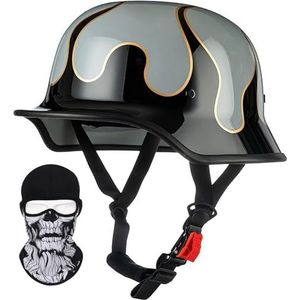 Duitse Motorfiets Half Shell Helm, Retro Half Shell Helm, Jet Helm met Vizier, Snelsluiting voor Cruiser, Chopper, Biker, Bromfiets, DOT/ECE Goedkeuring I,L=58-60CM