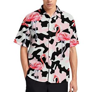 Roze Camo Flamingo heren T-shirt met korte mouwen casual button down zomer strand top met zak