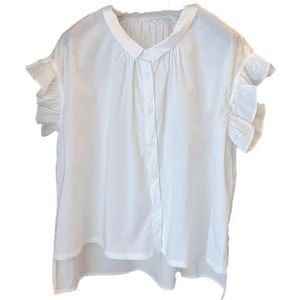 Vrouwen Zomer Kantoor Ruches Patchwork Shirt Vrouwelijke Casual Single-Breasted Revers Kraag Effen Basic Blouses, Wit, L