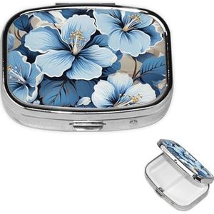 Pillendoos Blauwe Hibiscus Bloem Vierkante Pil Case voor Portemonnee & Pocket 2 Compartiment Geneeskunde Pil Organizer Draagbare Reizen Pillendoos Geneeskunde Vitamine Kabeljauw Leverolie Opbergdoos