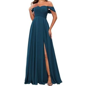 HPPEE Off-shoulder chiffon bruidsmeisjesjurken met split voor vrouwen mouwloze strapless avond formele jurk, Turkoois, 36