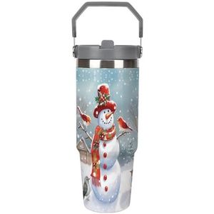 FHECVBN Grote Capaciteit Auto Cup Koffie Tumbler Kerst Sneeuw Man En Vogels Koffie Mok Flip Stro Tumbler Rvs Cup Geïsoleerde Tumbler Travel Mok 30oz
