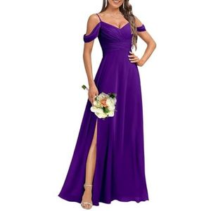 HPPEE Dames koude schouder V-hals chiffon bruidsmeisjes jurken met split geplooide formele jurk avondjurk, Paars, 32