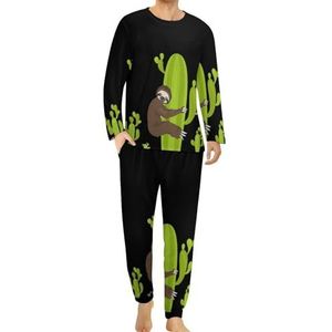 Cactus Luiaard Comfortabele heren pyjama set ronde hals lange mouwen loungewear met zakken S