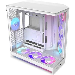 NZXT H9 Flow RGB+ (2025) - Grote Dual-Chamber ATX Mid-Tower PC-kast met luchtstroom - Inclusief 7 RGB-ventilatoren (6 x 140mm, 1 x 120mm) & besturingshub - Ondersteuning voor 420mm radiator - Wit