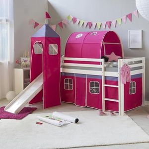 Homestyle4u 2579, kinderhoogslaper ladder wit 90 x 200 cm hout grenen kinderbed roze met glijbaan tunnel toren lattenbodem