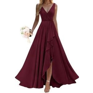 SAMHO - Jurk - Bordeaux - Bruidsmeisjes - V-hals - Lange Ruches - Formele Jurk voor Bruiloft