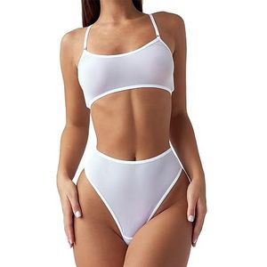 NewBull Sexy ondergoedset voor dames, transparante tule, beha met bandjes, draadloos, slipje met hoge taille, met beenring, dames, lingerieset, driedelige set, comfortabel, Wit, L