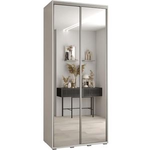 MEBLE KRYSPOL Cannes 2 Moderne Kledingkast met 2 Schuifdeuren met Kledingroede, Planken en Spiegel - Opbergkast voor Slaapkamer, Woonkamer - 205,2x110x60 cm - Wit Wit Zilver