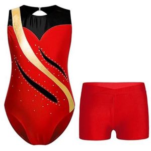NUOYIXUAN ritmische gymnastiek legging voor meisjes, performancepak, metallic patchwork-mesh, mouwloze overall met shorts (rood, 14)