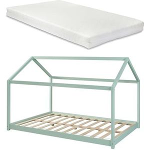 [en.casa] Kinderbed Cerro met matras huisbed jeugdbed in huislook van massief grenen bedframe en bedbodem mint 120x200 cm